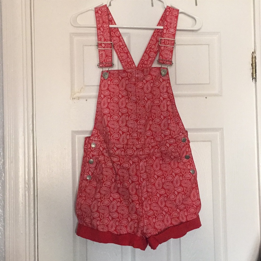 BDG red paisley short overalls